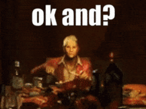 A Painting Of A Man Sitting At A Table With The Words " Ok And " Written Above Him GIF