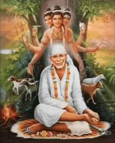 A Painting Of A Man Sitting In A Lotus Position Surrounded By Women And Animals GIF