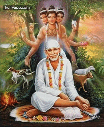 A Painting Of A Man Sitting In A Lotus Position With Animals And Trees In The Background GIF