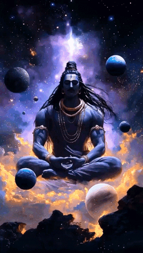 A Painting Of A Man Sitting In A Lotus Position With Planets In The Background GIF