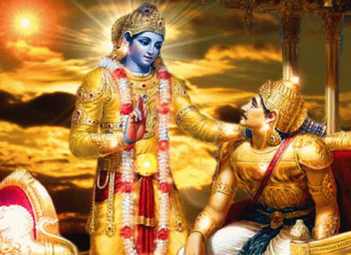 A Painting Of A Man Sitting Next To A Statue Of A Goddess GIF