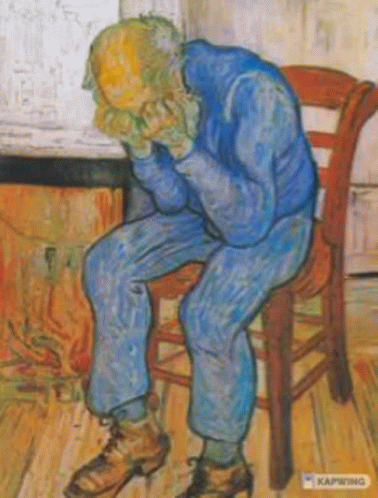 A Painting Of A Man Sitting On A Chair With His Head In His Hands GIF