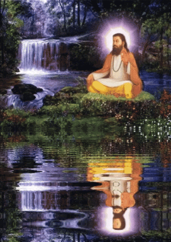 A Painting Of A Man Sitting On A Rock By A Waterfall GIF