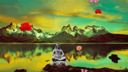 A Painting Of A Man Sitting On A Rock Near A Lake With Mountains In The Background GIF