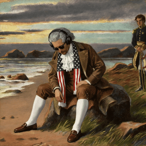 A Painting Of A Man Sitting On A Rock With Headphones On GIF