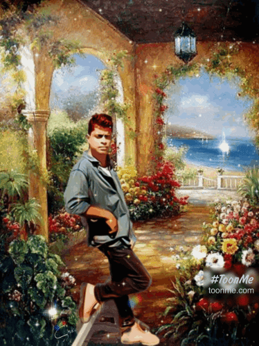 A Painting Of A Man Standing In A Garden With The Website Toonme.com In The Lower Right Corner GIF