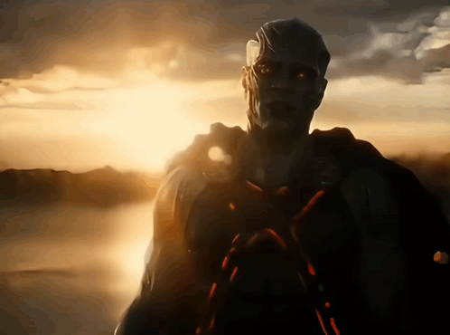 A Painting Of A Man Standing In Front Of A Body Of Water With The Sun Shining Through The Clouds GIF