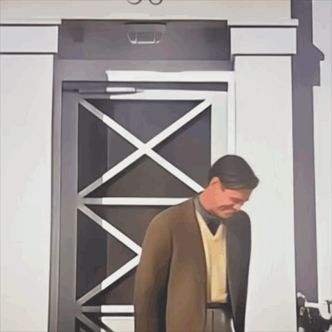 A Painting Of A Man Standing In Front Of A Door With A X On It GIF