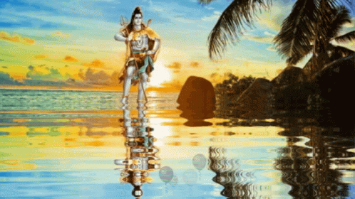 A Painting Of A Man Standing In The Ocean GIF