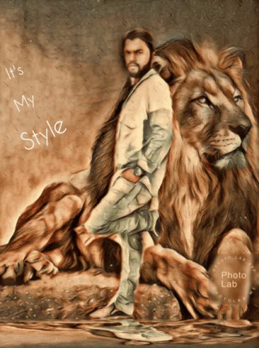 A Painting Of A Man Standing Next To A Lion With The Words It 'S My Style GIF