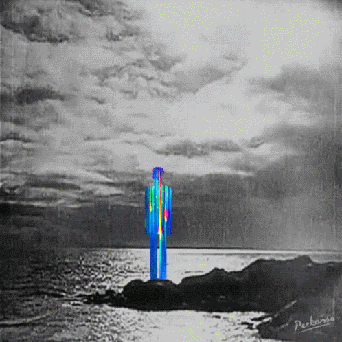 A Painting Of A Man Standing On A Rock In Front Of The Ocean Has The Name Peebaso On The Bottom GIF