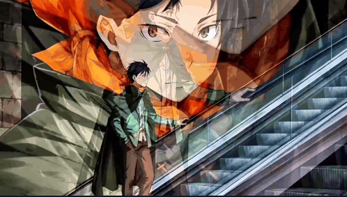 A Painting Of A Man Standing On An Escalator With A Reflection Of Another Man GIF