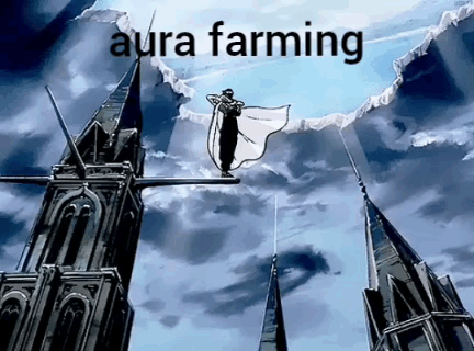 a painting of a man standing on top of a building with the words aura farming above him