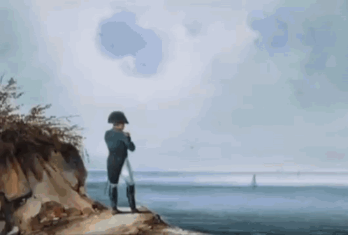 A Painting Of A Man Standing On Top Of A Cliff Overlooking The Ocean . GIF