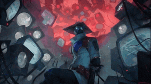 A Painting Of A Man Surrounded By A Bunch Of Televisions With A Red Background GIF