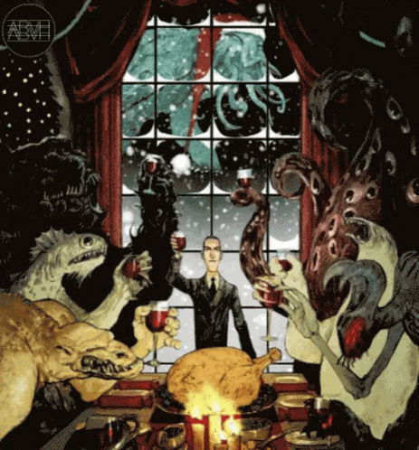 A Painting Of A Man Surrounded By Monsters And A Turkey GIF