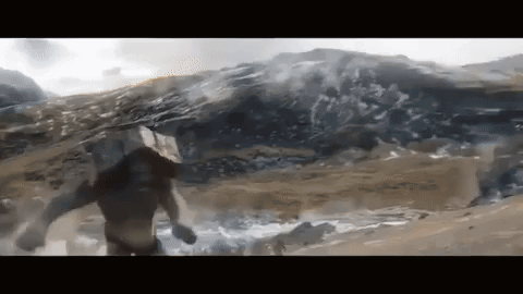 A Painting Of A Man Walking Through A River With Mountains In The Background GIF