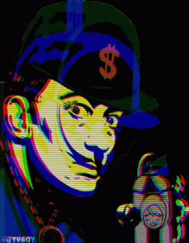 A Painting Of A Man Wearing A Baseball Cap With A Dollar Sign On It GIF