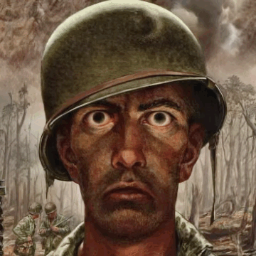 A Painting Of A Man Wearing A Helmet And Looking At The Camera GIF