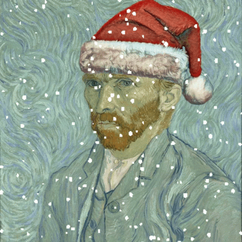 A Painting Of A Man Wearing A Santa Hat With Snow Falling Around Him GIF