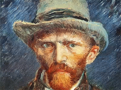 A Painting Of A Man With A Beard And A Hat GIF