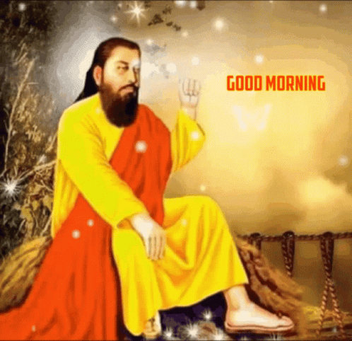 A Painting Of A Man With A Beard And A Yellow Robe With The Words " Good Morning " On The Bottom GIF