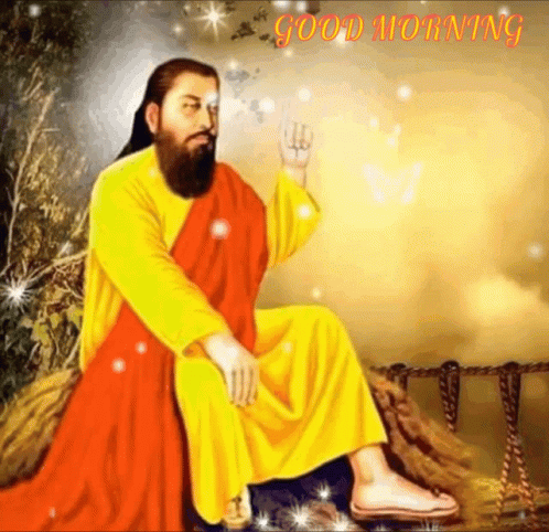 A Painting Of A Man With A Beard And A Yellow Robe With The Words Good Morning On The Bottom GIF