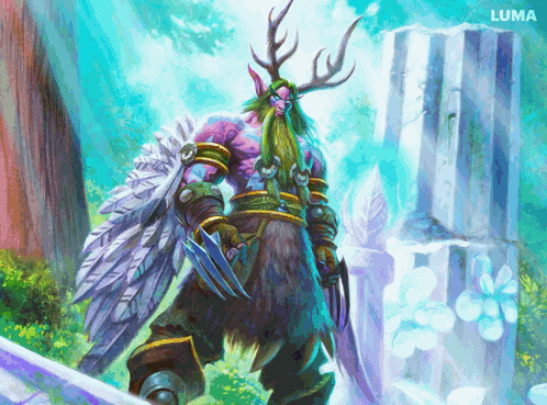 A Painting Of A Man With A Beard And Antlers With Luma Written On The Bottom Right GIF