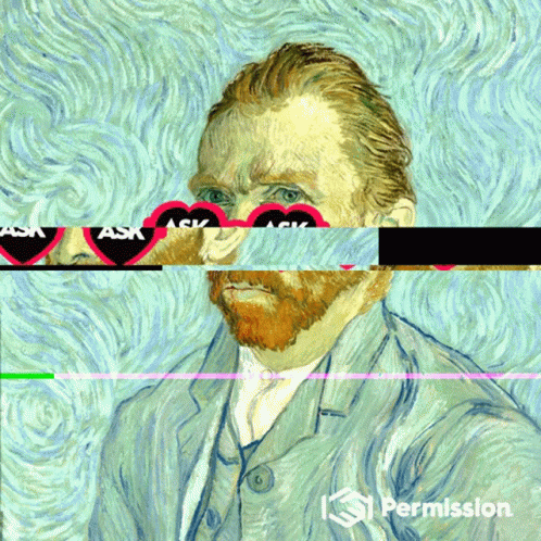 A Painting Of A Man With A Beard And Heart Shaped Sunglasses With Ask Written On It GIF