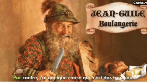 A Painting Of A Man With A Beard Holding A Knife In Front Of A Sign That Says Jean-Guilde GIF