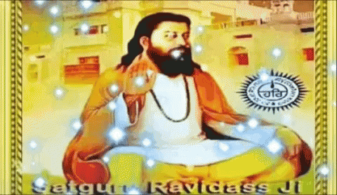 A Painting Of A Man With A Beard Is Surrounded By Snowflakes And The Words " Saigur Revidas Ji " GIF