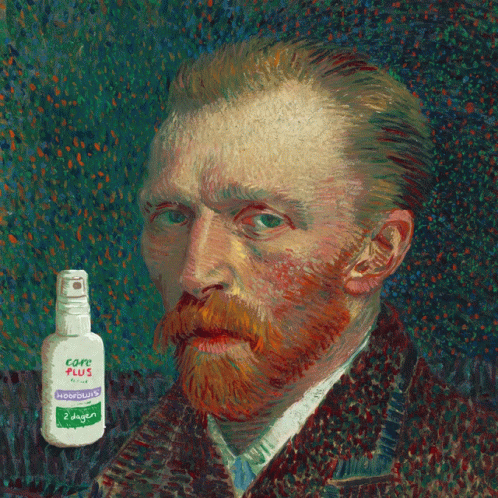 A Painting Of A Man With A Beard Next To A Bottle That Says Cop Plus GIF