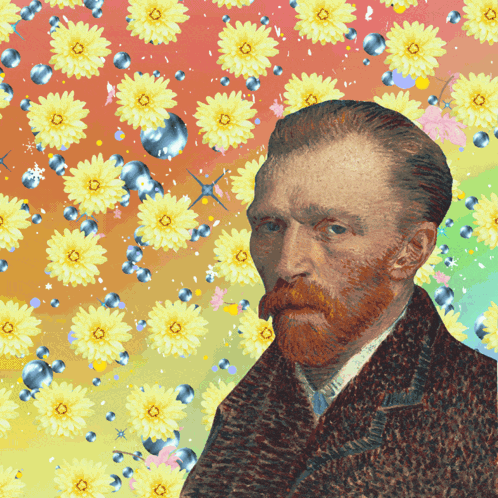 A Painting Of A Man With A Beard Surrounded By Yellow Daisies GIF