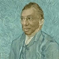 A Painting Of A Man With Glasses And A Beard On A Blue Background GIF