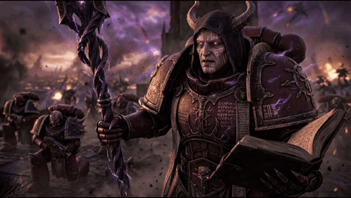 a painting of a man with horns holding a book and a staff that says ' ehs ' on it