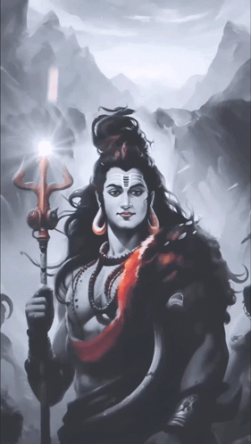 A Painting Of A Man With Long Hair Holding A Trident And Mountains In The Background GIF