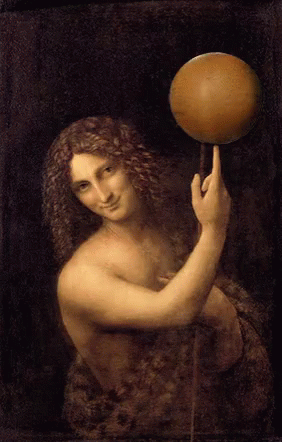 A Painting Of A Man With Long Hair Holding A Yellow Ball GIF