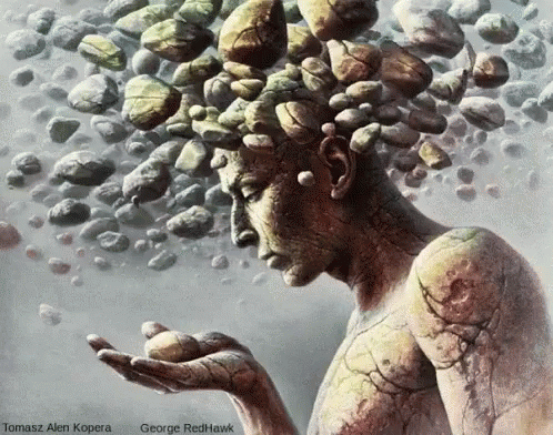 A Painting Of A Man With Rocks Coming Out Of His Head By Tomasz Allen Kopera And George Redhawk GIF