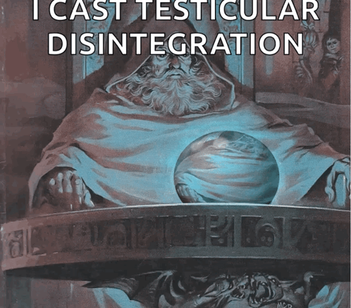 A Painting Of A Man With The Words " I Cast Testicular Disintegration " On The Top GIF