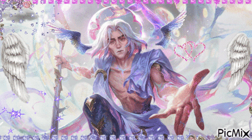 A Painting Of A Man With Wings And A Picmix Logo GIF