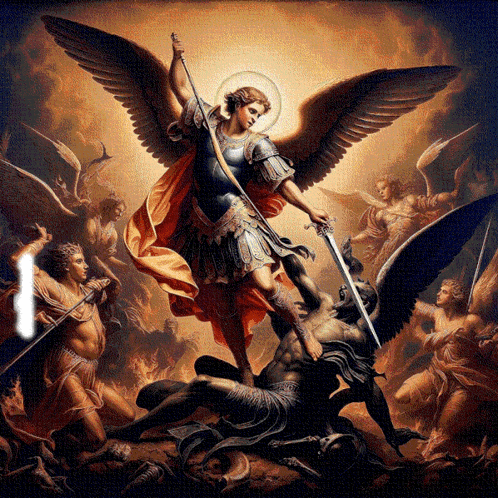 A Painting Of A Man With Wings Holding A Sword And Surrounded By Angels GIF