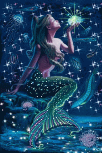 A Painting Of A Mermaid Holding A Glowing Object In Her Hand GIF