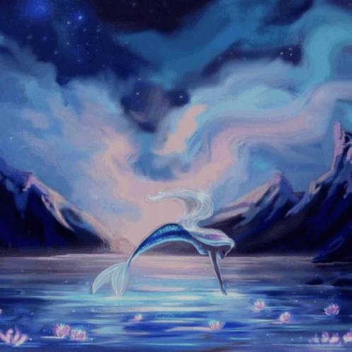 A Painting Of A Mermaid Jumping Out Of A Body Of Water GIF