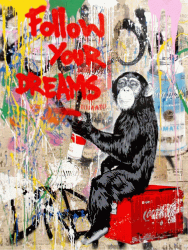A Painting Of A Monkey Sitting On A Coca Cola Crate GIF