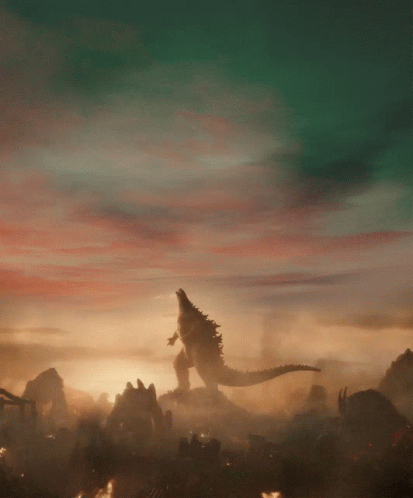A Painting Of A Monster Standing In The Middle Of A City GIF