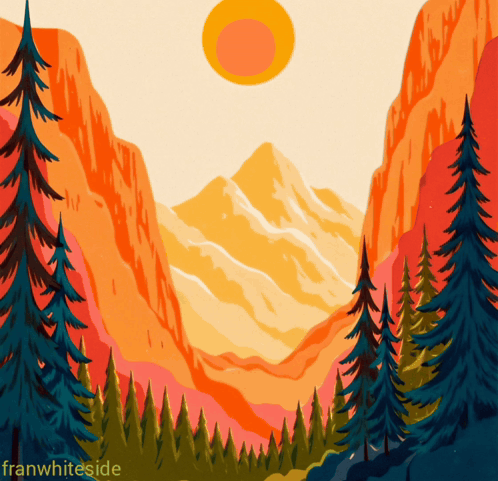 A Painting Of A Mountain Range With Trees In The Foreground And The Name Franwhiteside At The Bottom GIF
