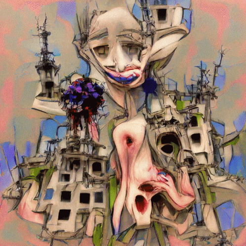 A Painting Of A Naked Woman Surrounded By Buildings And A Tower GIF