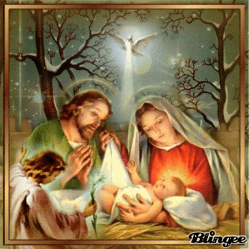A Painting Of A Nativity Scene With The Word Blingee On The Bottom GIF