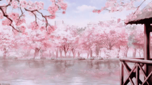 A Painting Of A Park With Cherry Blossom Trees And A Lake GIF