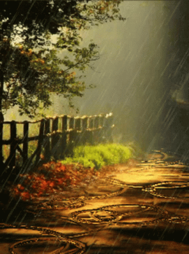 a painting of a path in the rain with a wooden fence in the background